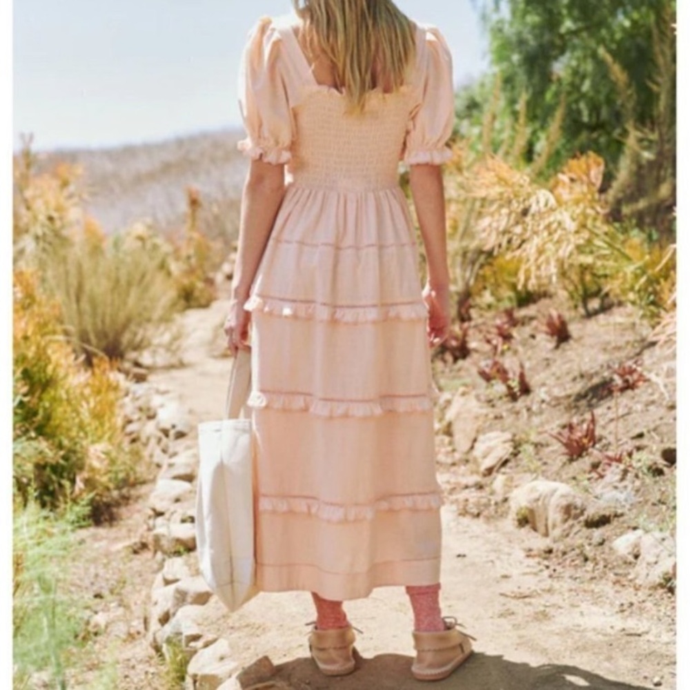 THE GREAT. The Scallop Savanna Dress in Light Peach - Picture 3 of 14